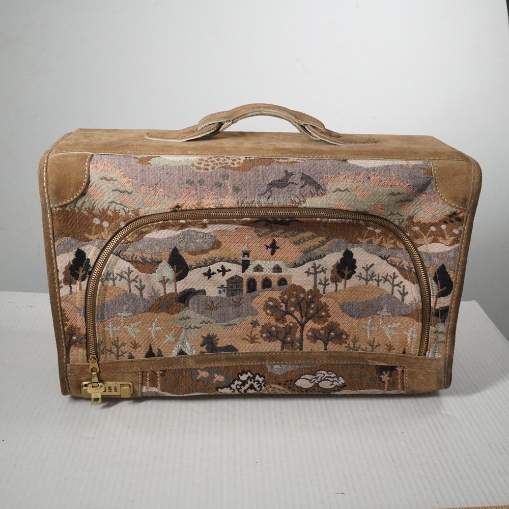 VTG French Country Countryside Tapestry Suitcase Brown Suede Scenic Travel Bag